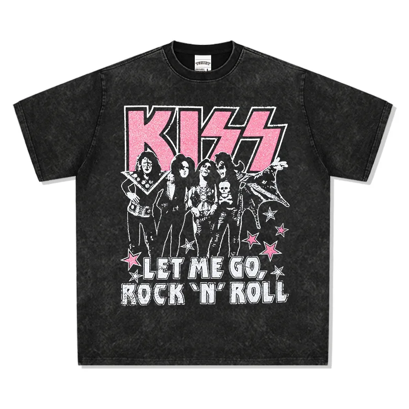 

2024 New Rock Band KISS Washed Short Sleeve T-shirt Round Neck LET ME GO Mask Pink Label