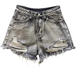 Worn Legs with Rough Edges Washed Black Denim Shorts 2026 Summer New Women Fashion A-line Wide Leg Hole Ripped Denim Shorts