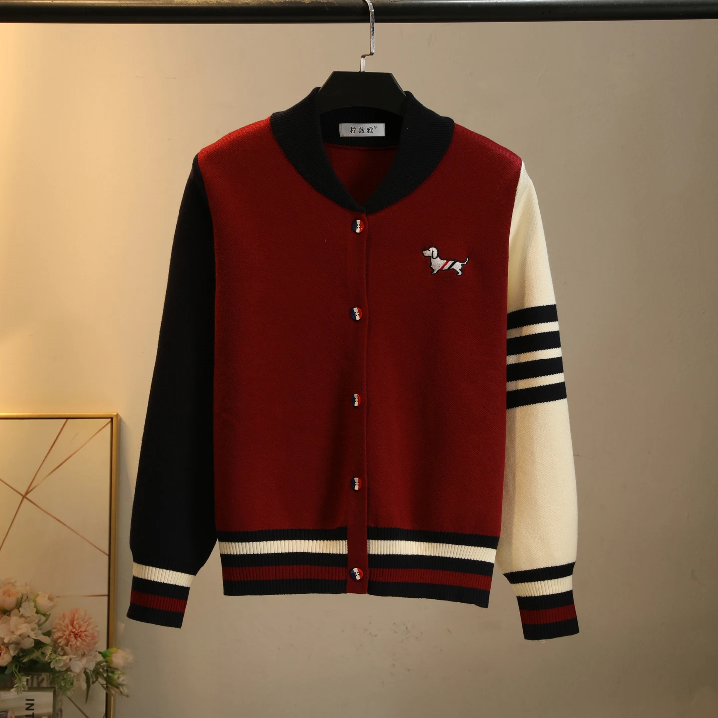 Cárdigan de punto estilo universitario con bloques de color y bordado de perro, suéter de béisbol para mujer, ropa exterior, ...