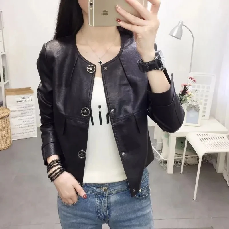 Short Leather Jacket Women\'s Spring Autumn Coat Tops 2024 New Korean Version Slim Round Neck PU Leather Locomotive Jacket Female