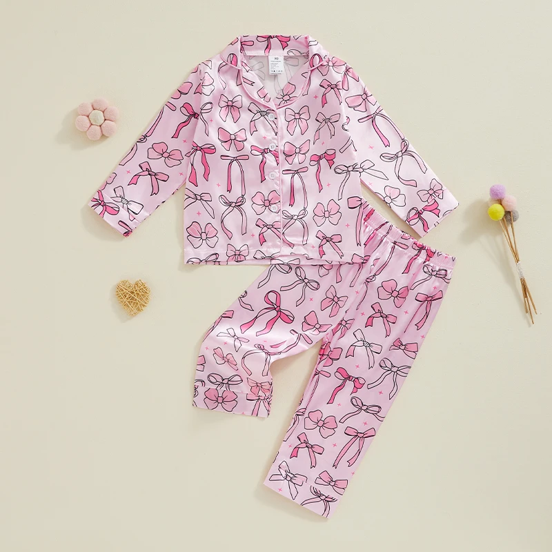 2Pcs Girls Satin Pajamas Set Long Sleeve Bow Print Button Down Shirts and Elastic Waist Pants Set Sleepwear