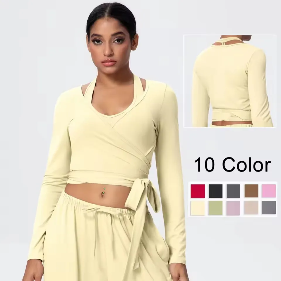 

Slim Women Breathable Sports Top Women Active Wear Sports Yoga Long Sleeved Solid Color Running Shirts Straps Design Yoga Top