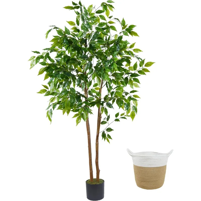 Artificial Ficus Tree, 5ft Tall Fake Ficus Tree with Basket, Faux Plant for Indoor Outdoor Home Livingroom Office Garden Porch