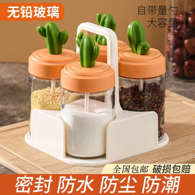 

Creativity Kitchen Tool 3/4 Grids Salt Pepper Seasoning Box Powder Herb Spices Chili Condiments Storage Container Cactus Cover