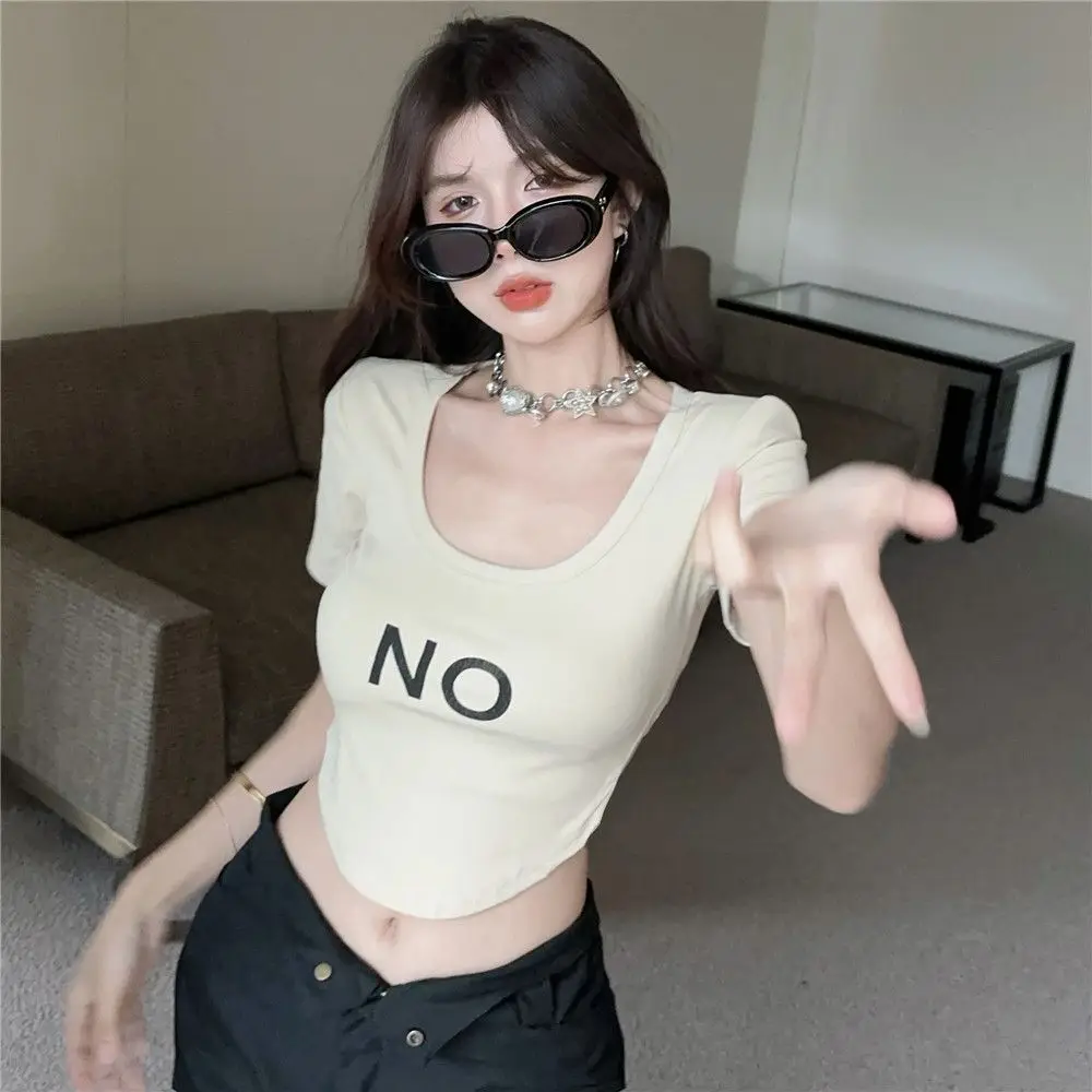 2024 New Slim Short Sleeve Ladies O-neck Pullovers Summer Printing Crop Top Women\'s Clothing Korean Undercoat Solid T-Shirts