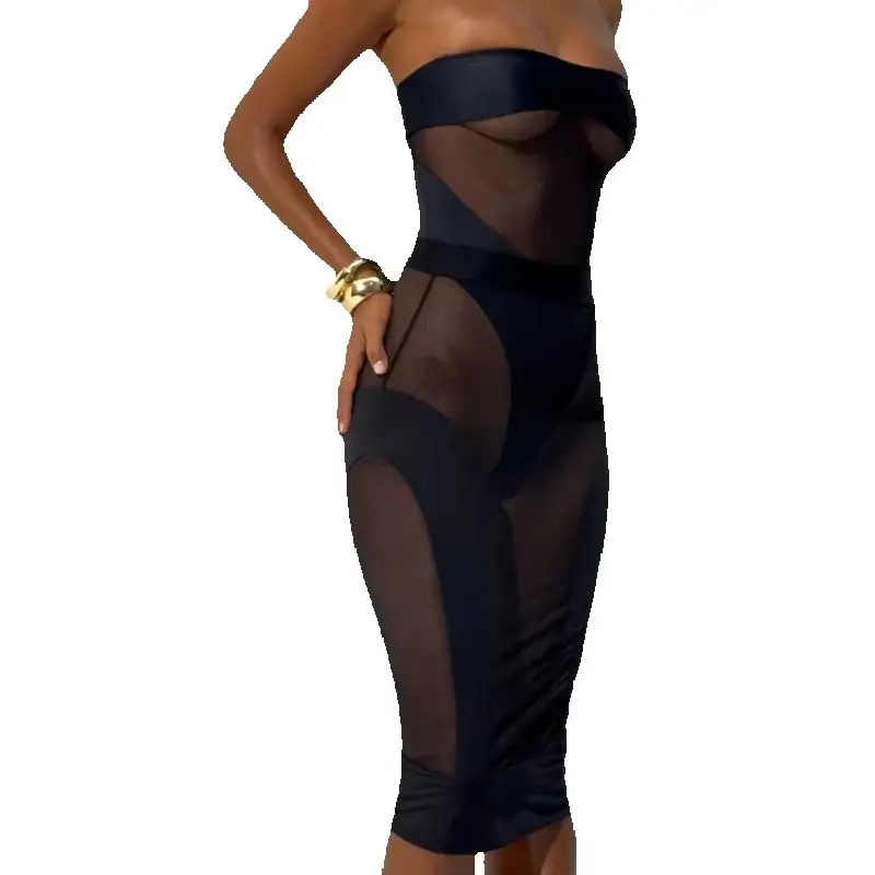 Elegant Hot Sexy Lingerie See Through Strapless Bodysuit Half Dress 2PC Set Seductive Splicing Party Queen Costume