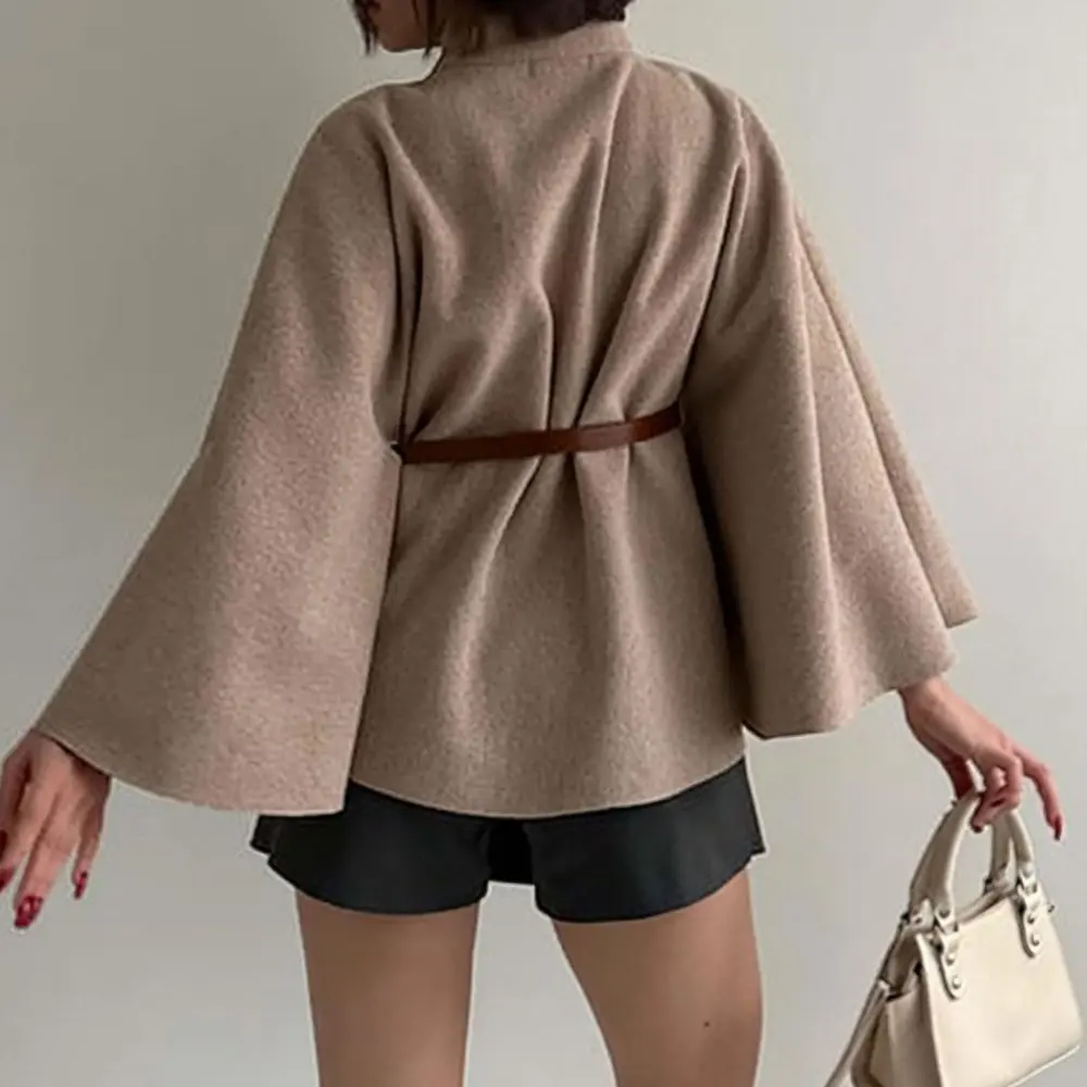 معطف صوفي عصري لون نقي الخصر مقصوص مربوط الرقبة القلنسوة سترة السيدات أنيقة الخريف الشتاء وصول جديد