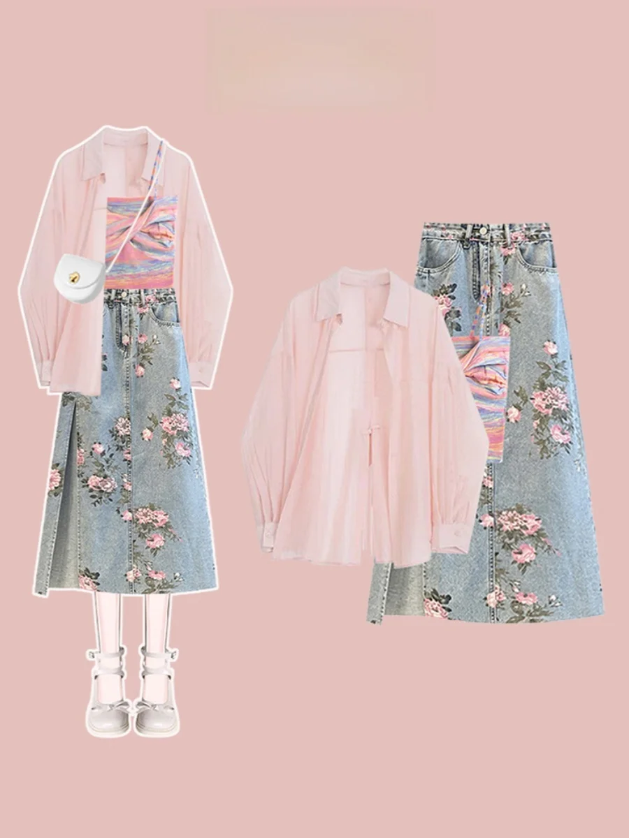 

Summer 2026 Dopaamine Pink Sun Protection Shirt And High Waist Skirt Set Women's Fashion Ensemble Casual Wear