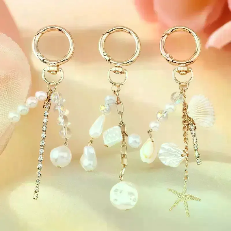 Fashion Y2K Gold Color Cute Starfish Pearls Conch Shell Keychain Key Rings For Men Women Handbag Pendants DIY Jewelry Gift