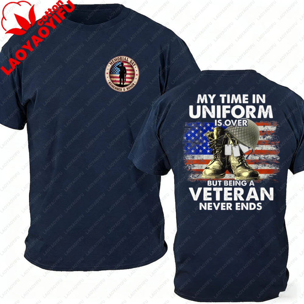 American Flag Veteran T-Shirt, Being A Veteran Never Ends Print, Oversized Heavy Cotton USA Patriotic Military Streetwear