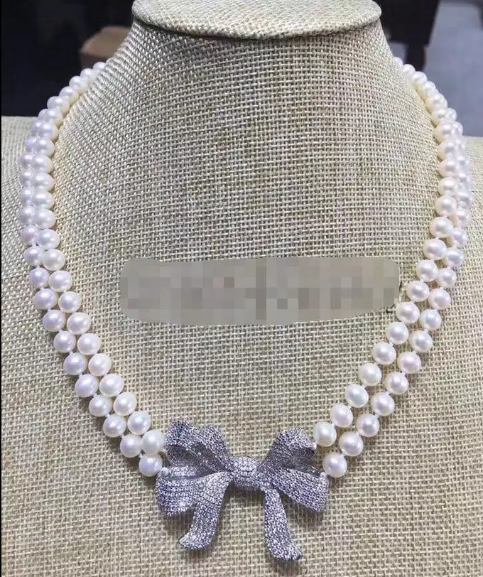 

2row 18-19inch 8-9mm white round freshwater pearl necklace zircon bowknot