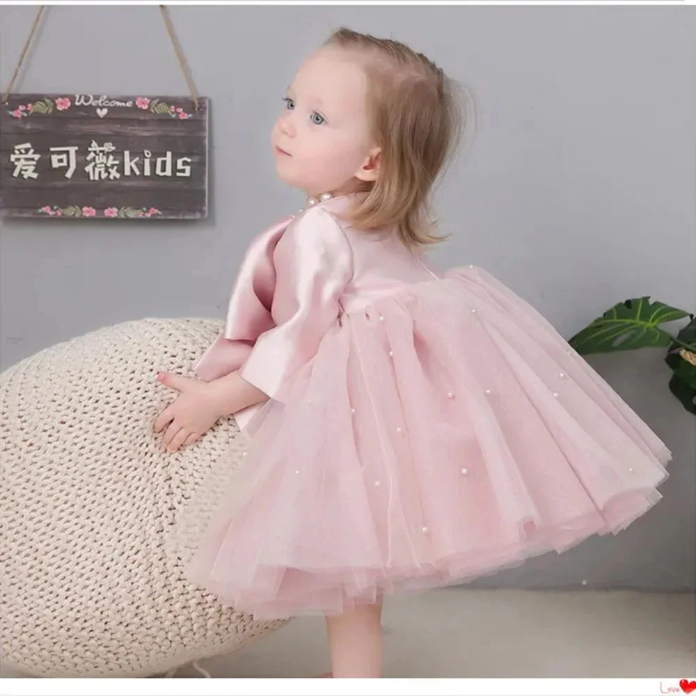 Lovely Pink Satin Pearls Tulle Long Sleeve With Bow Flower Girl Dress For Wedding Kids Birthday Party First Communion Ball Gowns