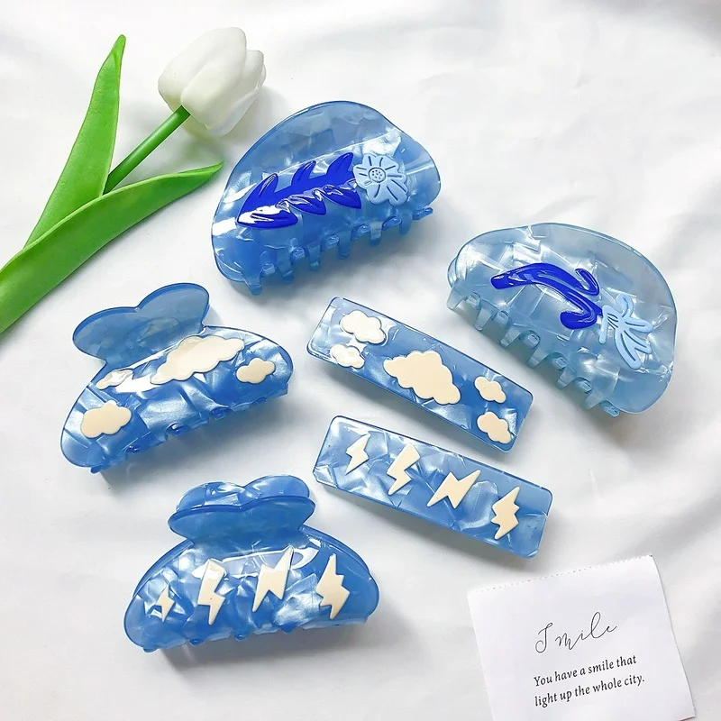 한국어 버전 모조 아세테이트 클립 구름 번개 인쇄 헤어 클립, ins 틈새 디자인 상어 클립 백 헤드 플레이트 헤어 클립