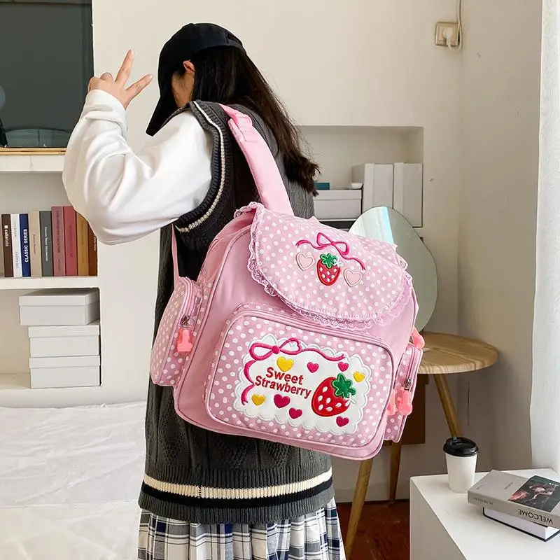 

Japanese korean Kawaii Kids School Bag Teenage Girls Cute Strawberry Embroidery Student Mochila Dots Multi-Pocket Women Backpack