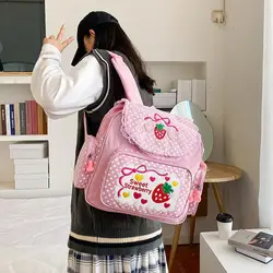 Japanese korean Kawaii Kids School Bag Teenage Girls Cute Strawberry Embroidery Student Mochila Dots Multi-Pocket Women Backpack