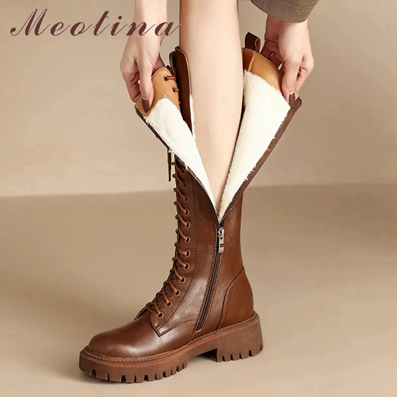 Meotina Women Genuine Leather Knee High Riding Boots Round Toe Flat Zipper Lace-up Warm Ladies Long Boot Autumn Winter Shoes 43