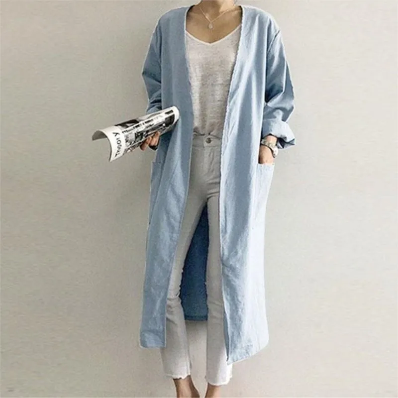 

Womens Simple Cardigan Solid Coats Thin Trcneh Fashion Casual Pockets Long Tops Spring Autumn Women Jackets Korean Style Coat