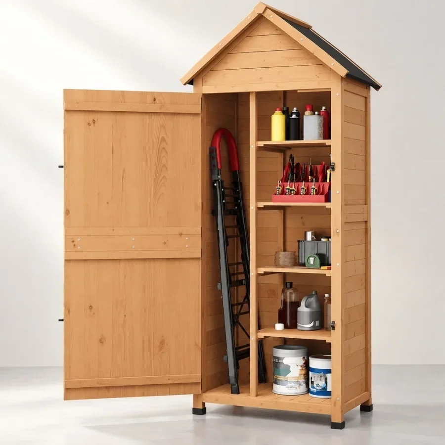 Outdoor wooden storage shed for patio, yard, lawn tools; weatherproof multi-wall construction; natural wood finish; 63 tall wit