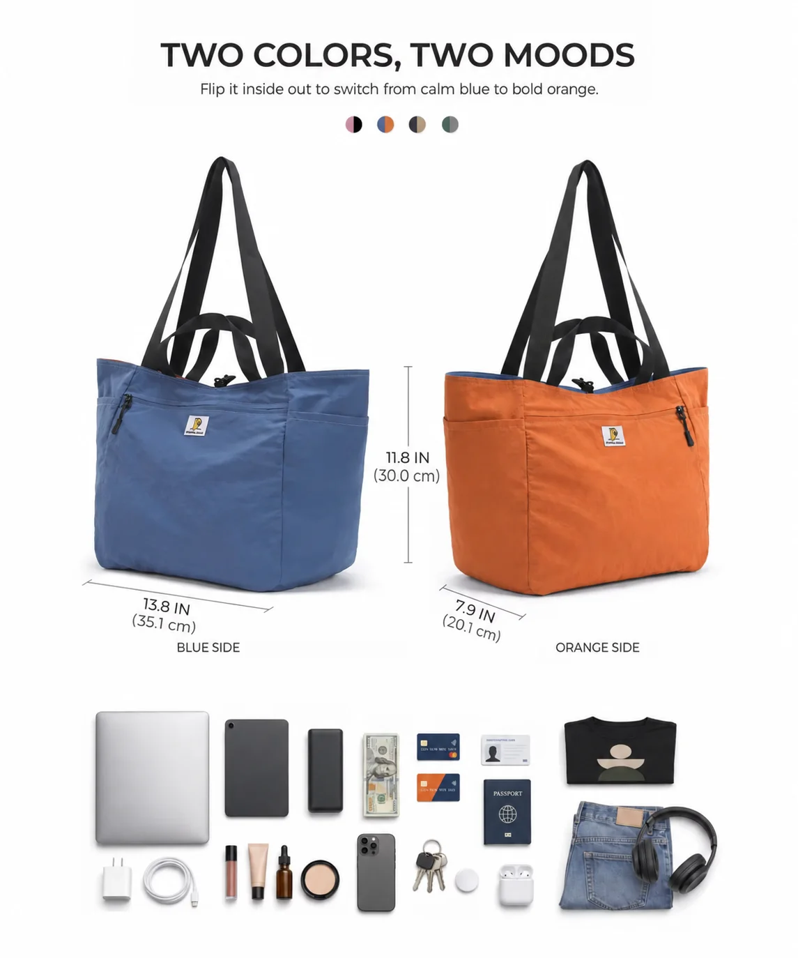 Reversible Reise-Einkaufstasche, großes Fassungsvermögen, faltbar, zum Handgepäck, Reisetasche, Segeltuch, Schultergepäck, Verpackungstasche für Damen und Herren – Detail 2