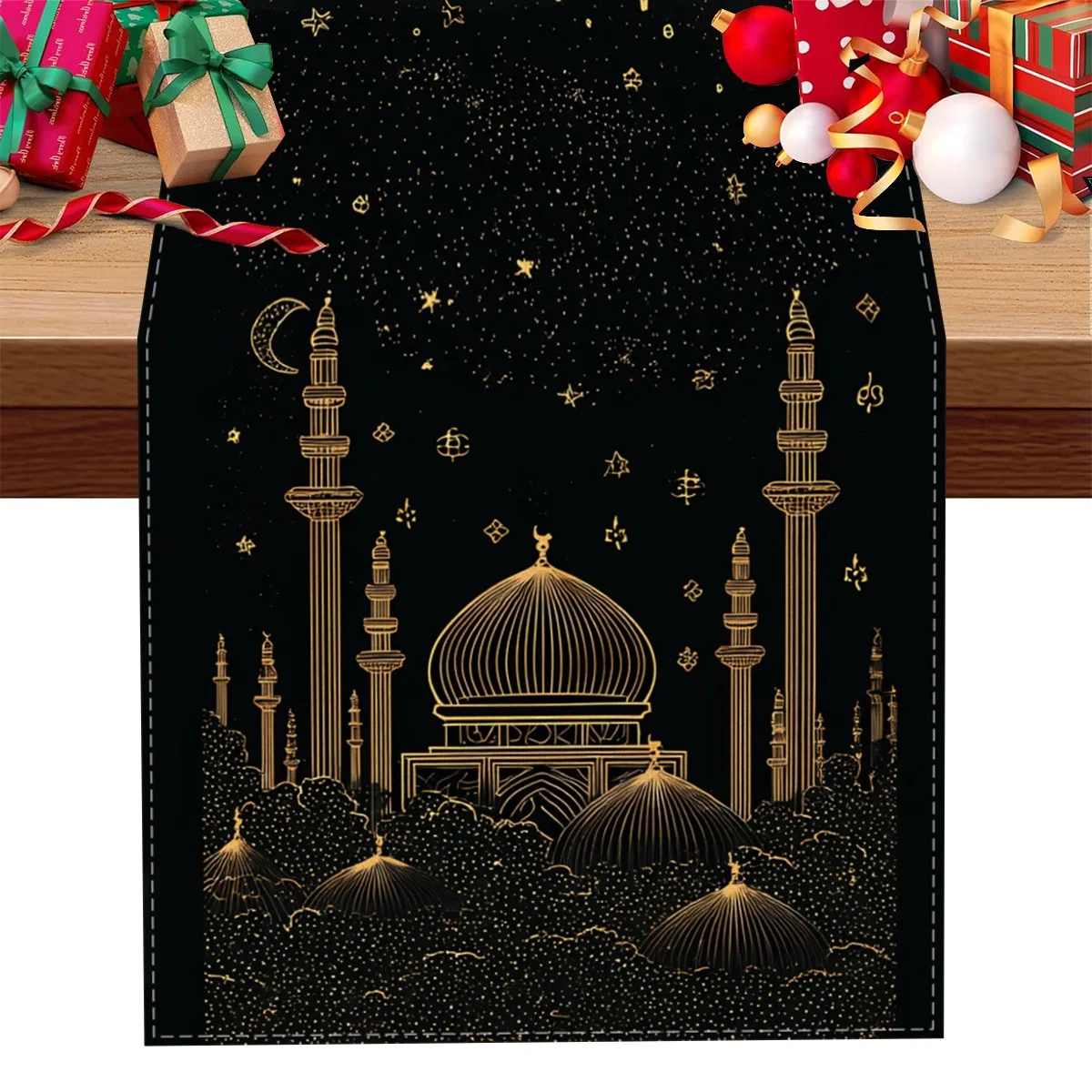 1 Stück Tischläufer in mehreren Größen, 2D-Druck, Ramadan, Neujahr, Sternennacht, Moschee, Silhouette, Sterne, Kunstleinen, Tischschutz