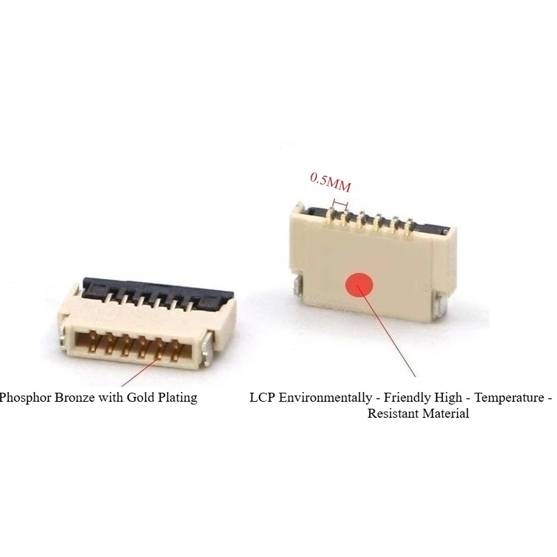 Connettore FFC/FPC passo 0,5 mm, spina anteriore e connessione bifacciale 1.0H con ribaltamento posteriore, presa per cavo morbido con ribaltamento posteriore