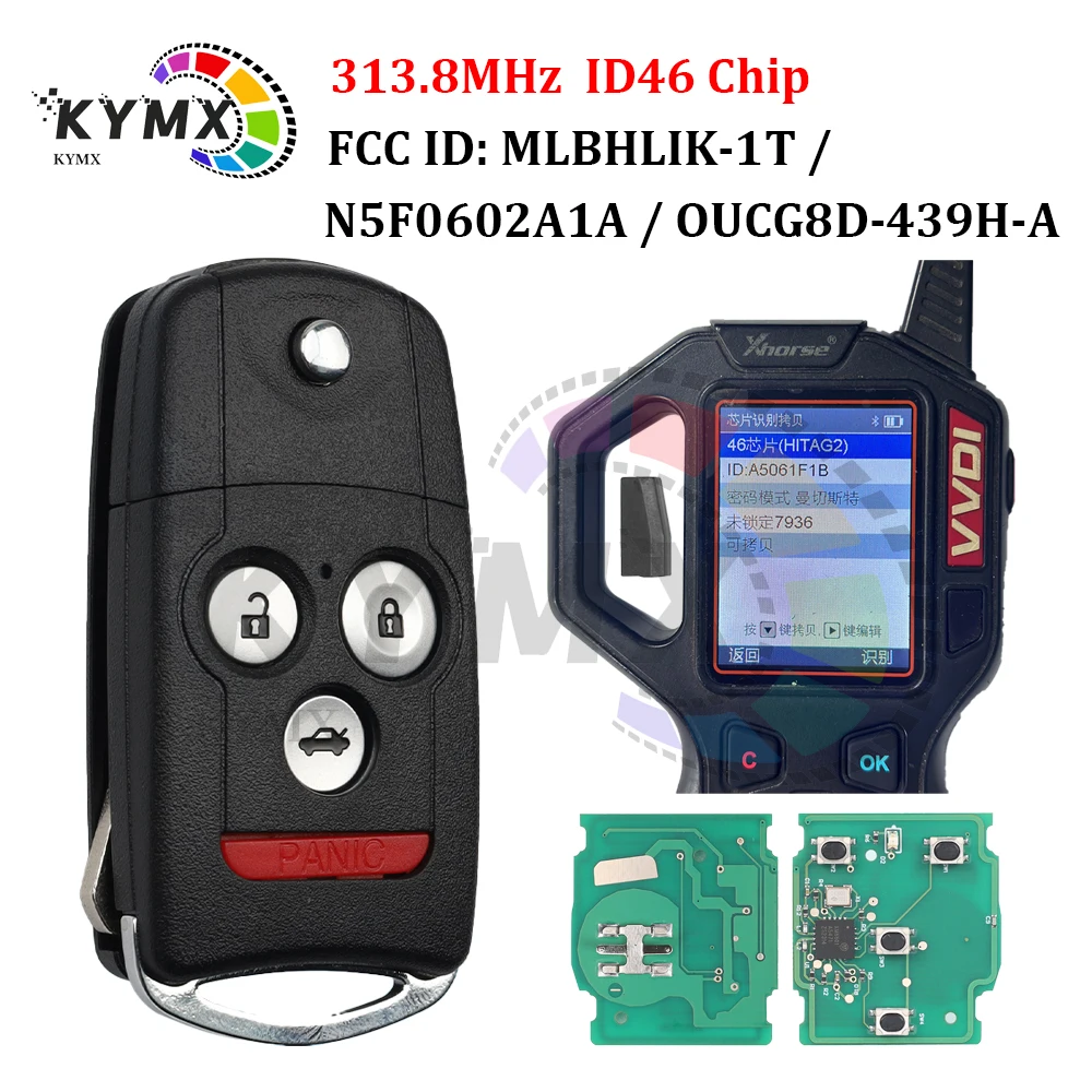 

KYMX For Acura MDX RDX TSX TL ZDX FCC ID: OUCG8D-439H-A N5F0602A1A MLBHLIK-1T Flip Remote Car Key Fob 313.8MHz ID46 Chip