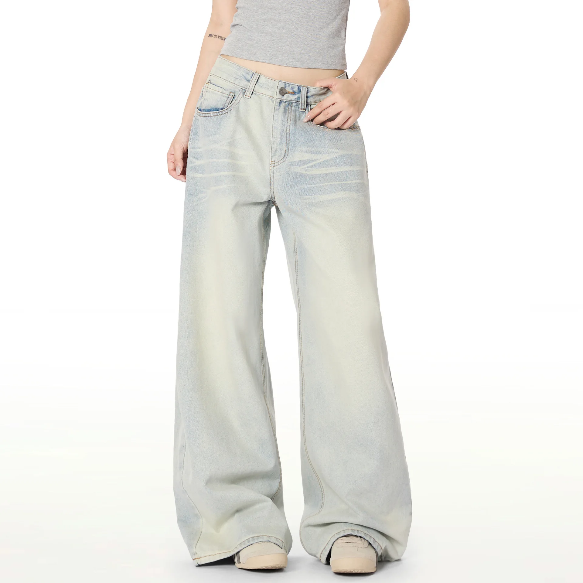 OR FL Women's American-style Water Wash Blue Wide Leg Pants Jeans Trendy Brand Cleanfit Simple Slacks Staraight Leisure Trousers