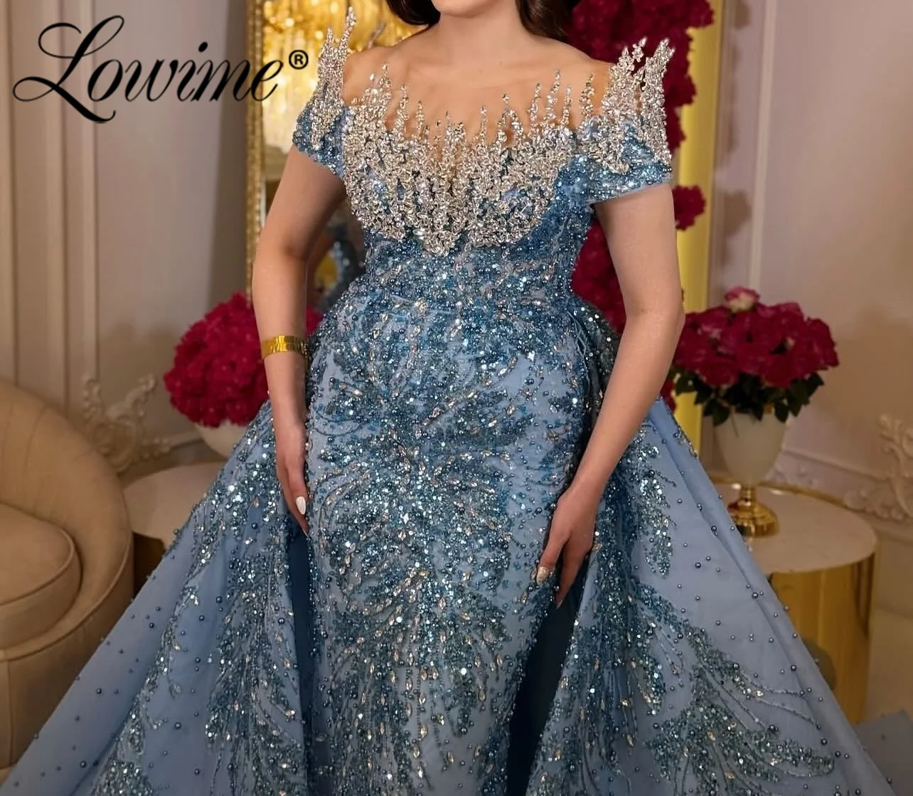 Robes De Soirée Customized Elegant Blue Evening Gown Arabic Off The Shoulder Prom Dresses 2025 Sparkly Crystals Long Party Dress