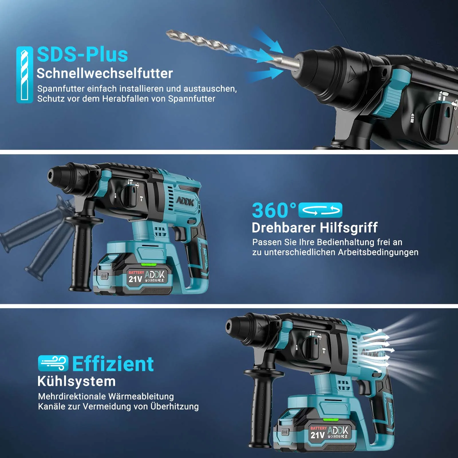 مجموعة مثقاب مطرقة لاسلكية OBBGGNT 2.1J، محرك بدون فرشاة 21 فولت، سرعة 1500 دورة في الدقيقة، مثقاب كهربائي بدون فرش 600 وات مع بطاريات 2 × 4.0 أمبير في الساعة