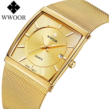 WWOOR luxury gold watch men square japan quartz thin steel mesh waterproof sports automatic date wrist watches Relogio Masculino