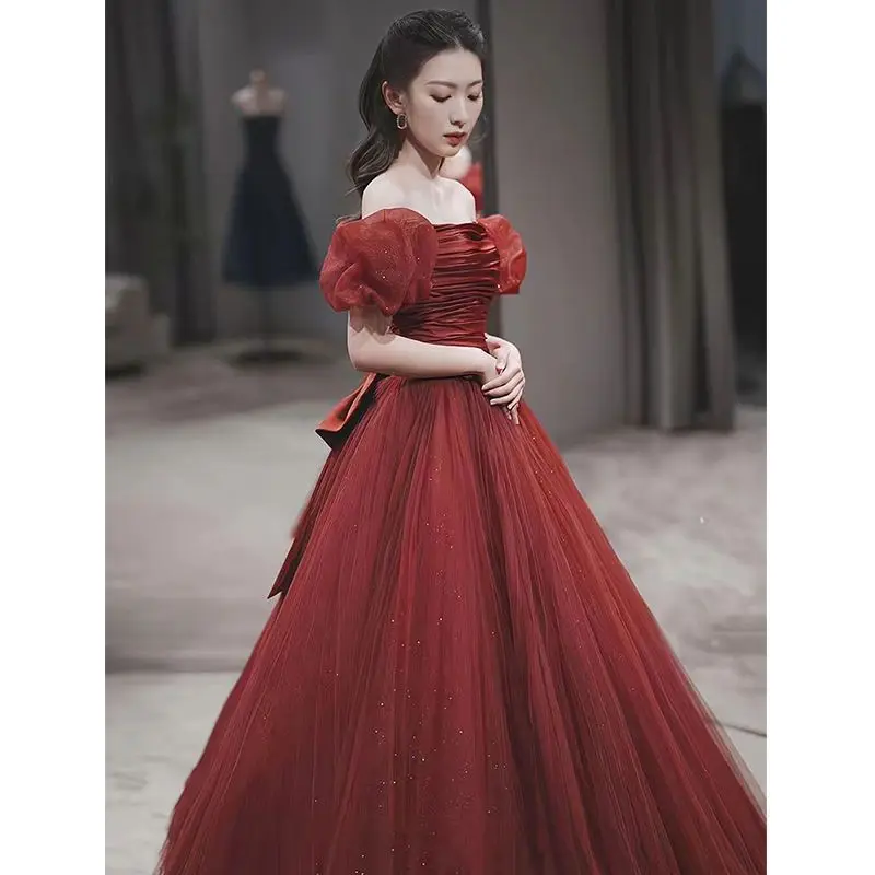 Burgundy Off Shoulder Prom Dresses Elegant Pleated Bowknot Princess Dress Vestidos Women Formal Floor-Length Evening Gowns