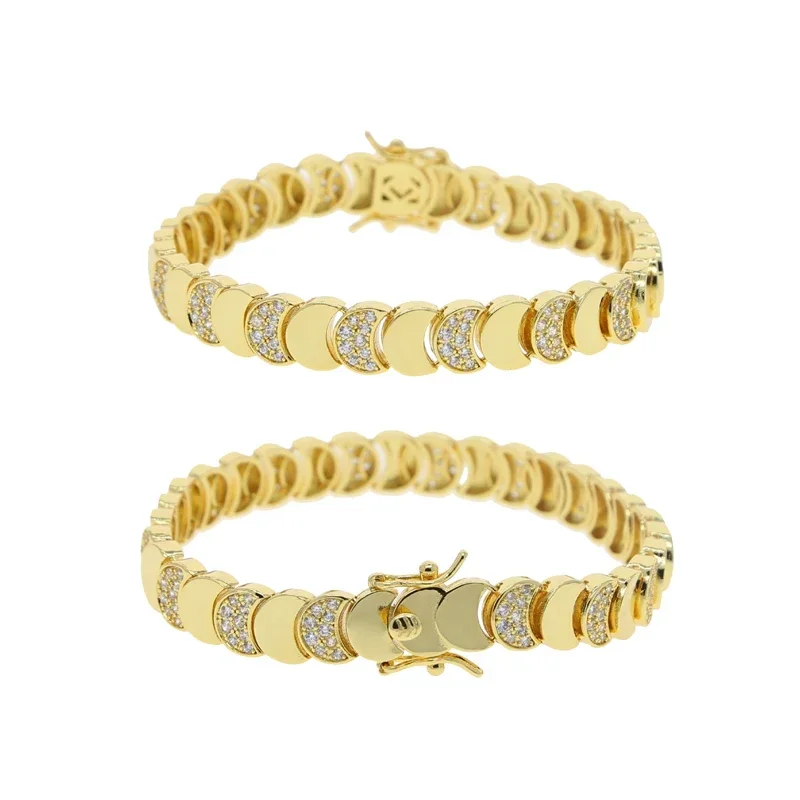 High Quality Gold Plated Delicate Bracelet Necklace Set Bling Bling Slippy Moon Link Moon Paved Mini Small CZ Party Jewelry Sets