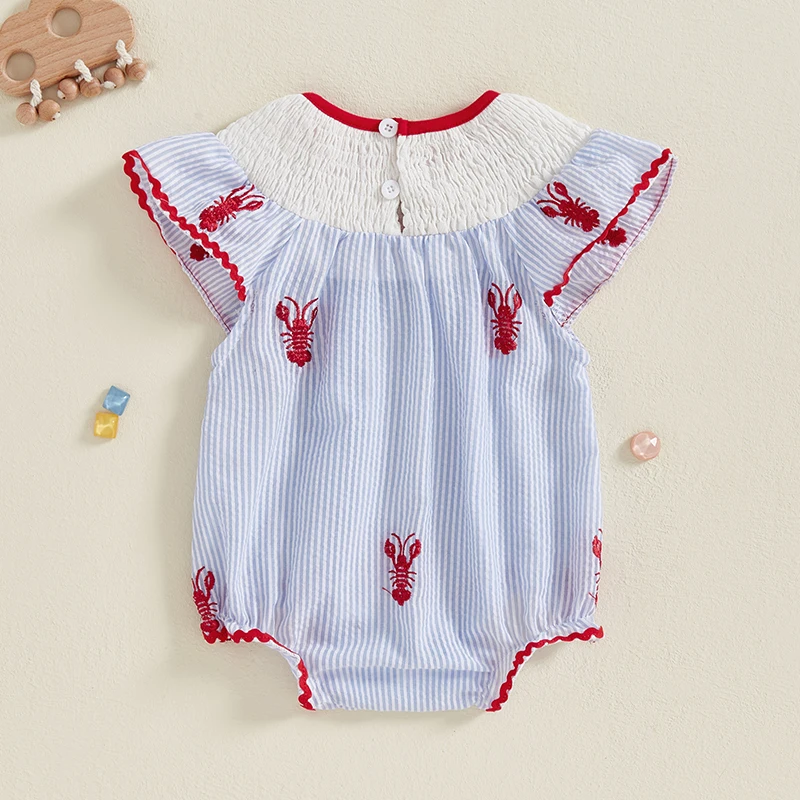 Summer Newborn Baby Girls Smocked Bubble Rompers Lobster Embroidery Sleeveless Ruffles Bodysuits Jumpsuits Toddler Clothing