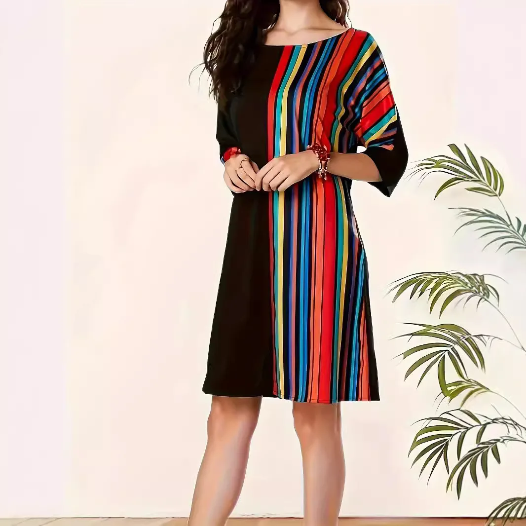 Damska koszulka Mini sukienka Summer Colorful Striped Print Half Sleeve Casual O Neck Elegant Office Lady OL Dresses Ropa De Mujer