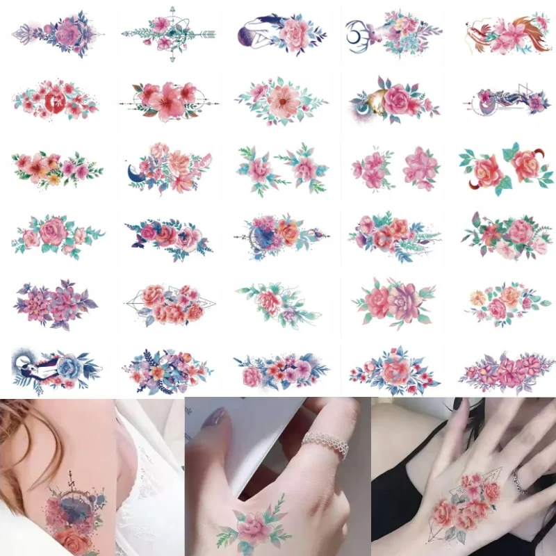 30pcs/pack Tattoo Waterproof for Women Girls Colored Flower Blossoms with Moon Fish Temporary Tattoo Sticker Travel Hand Neck