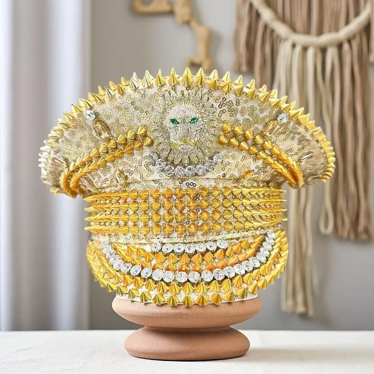 HongLuan Sombreros de capitán de León Dorado con Diamantes de imitación para Mujer de Festival de Hombre Quemador, Sombrero de Disfraz de Halloween para Adultos, Accesorios de Cosplay