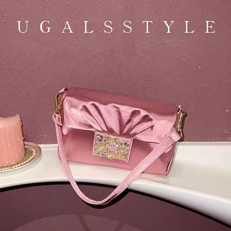 

Luxury Satin Pleated Square Bag Pearl Beaded Women Handbag Glitter Diamonds Evening Bag Wedding Party Clutch Purse Shoulder Bag