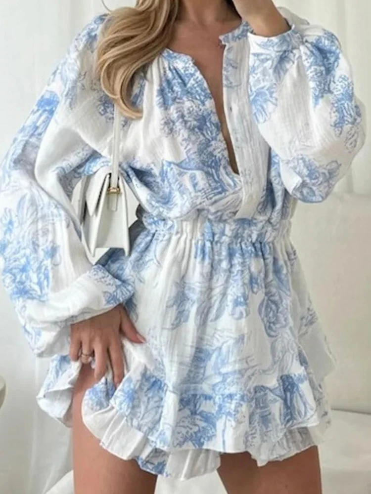 Vestido de fiesta Bohe con estampado de patrón elegante, minivestido drapeado con volantes y cintura alta con botones a la moda, vestido informal de manga larga para mujer