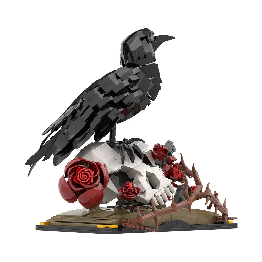 MOC Raven Skull Flower Building Blocks Terrifying Skull with Thorned Rose and Brid Adult Toy Halloween Gift