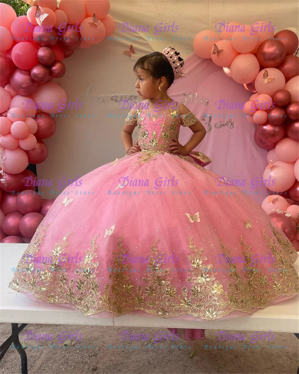 Quality Luxurious Pink TUlle Fluffy Quality Gold Applique Bow Belt Flower Girl Dress for Kids Wedding Birthday Party Ball Gowns