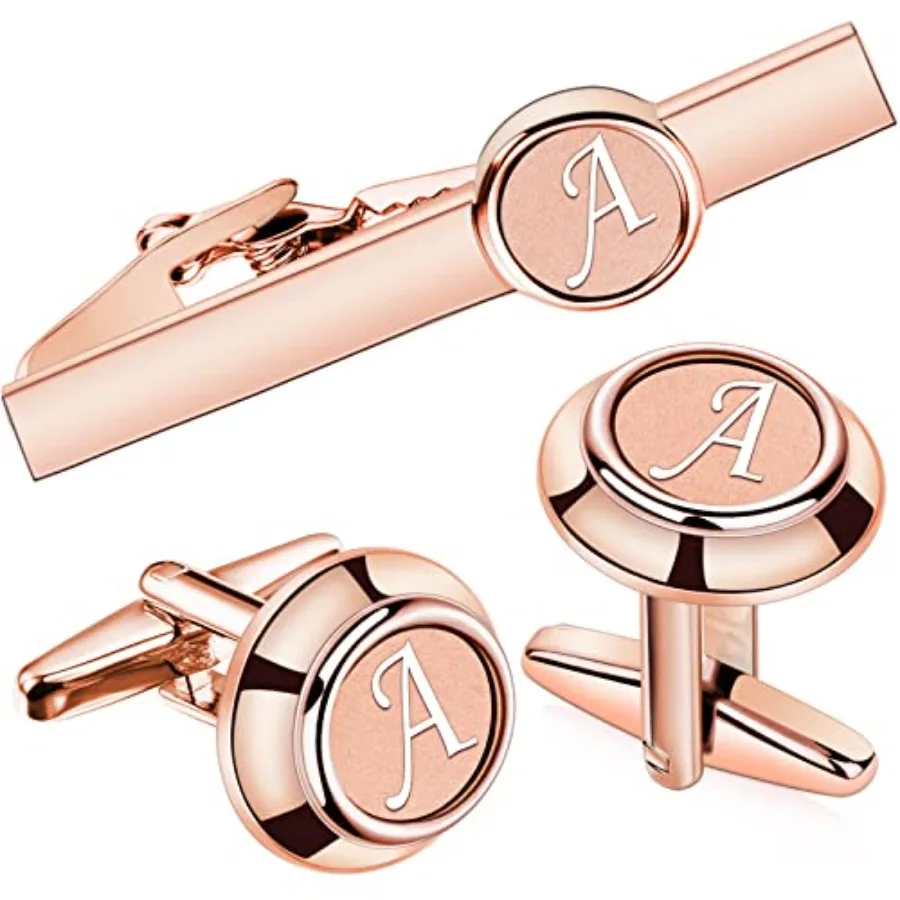 

Initial Tie Clip and Cufflinks Set for Men, A-Z Letter Rose Gold Necktie Bar and Shirt Studs Cuff Links for Wedding, Anniversar