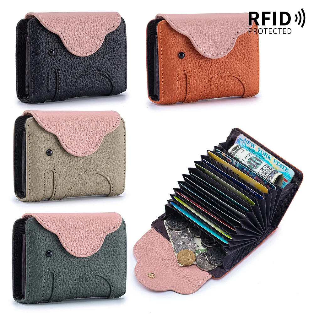 

Cute Elephant RFID Blocking Leather Card Holder, Color Block Accordion Wallet for Women, Multi-functional Document Storage Bag