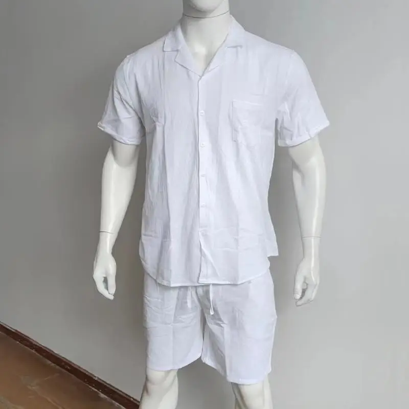 Summer Man Lapel Short-sleeved Set Button-up Shirt Casual Cool Short-sleeved Shorts Suit Solid Color Beach Holiday T-shirt+Pants