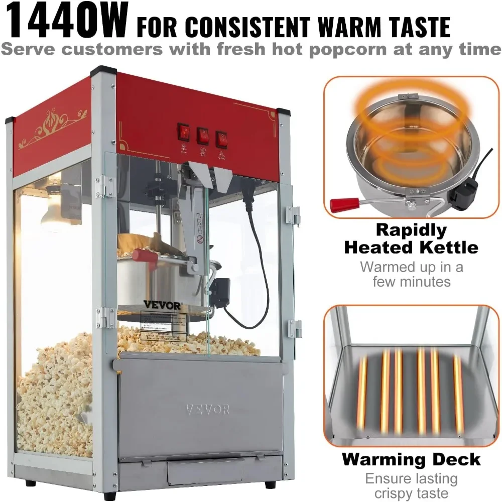 Commercial Popcorn Machine, 12 Oz Kettle, 1440 W Countertop Popcorn Maker for 80 Cups per Batch, with 3-Switch Control, Red