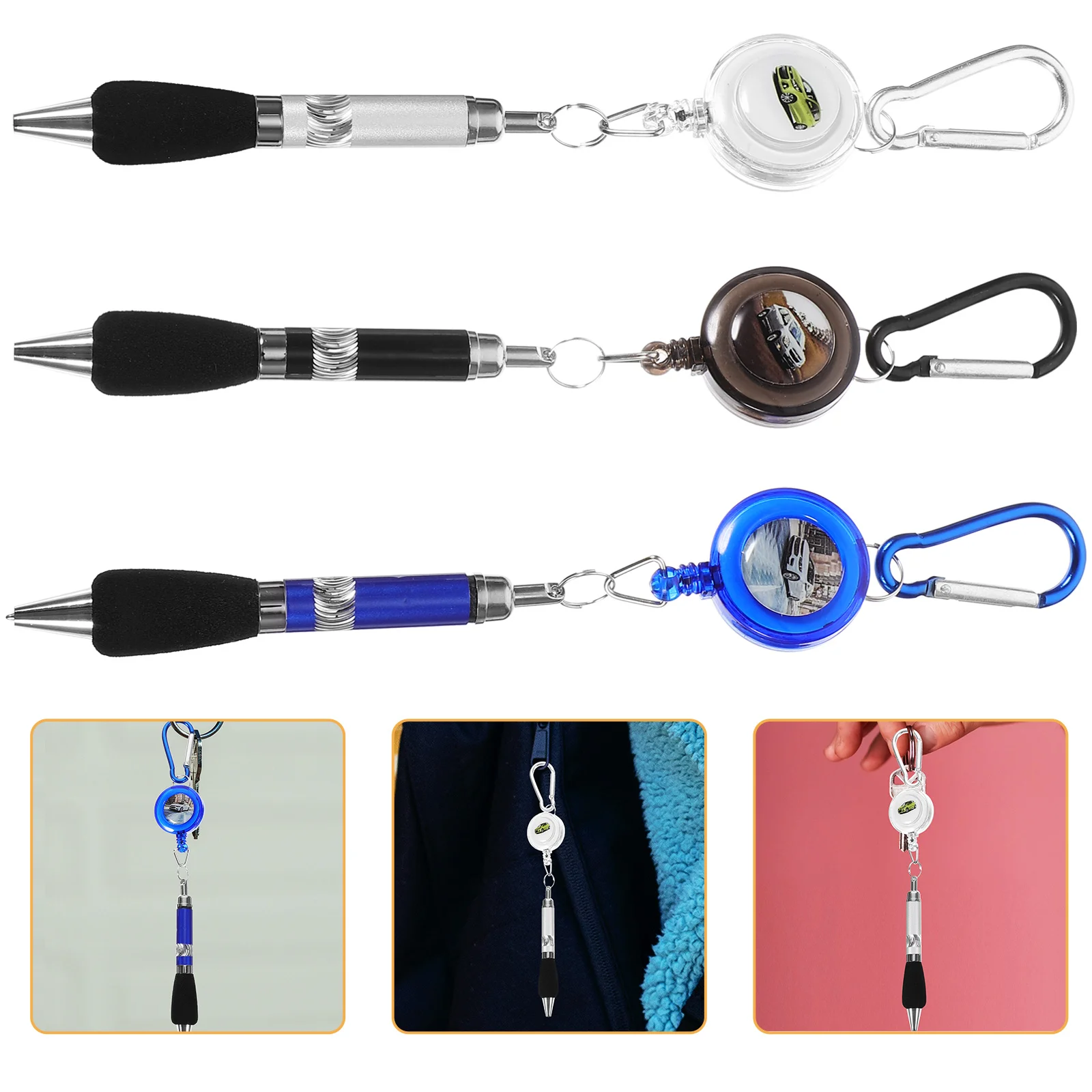 

5Pcs Retractable Badge Reel Pen 3-in-1 Clip Carabiner Portable Office Keychain Multi-Functional Pen Set Retractable Belt Clip