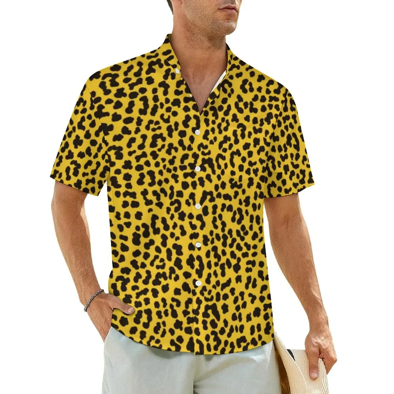 

Hawaii Shirt Vacation Retro 80S Punk Rock Blouses Neon Yellow Leopard Vintage Casual Shirts Men Short Sleeve Stylish Plus Size