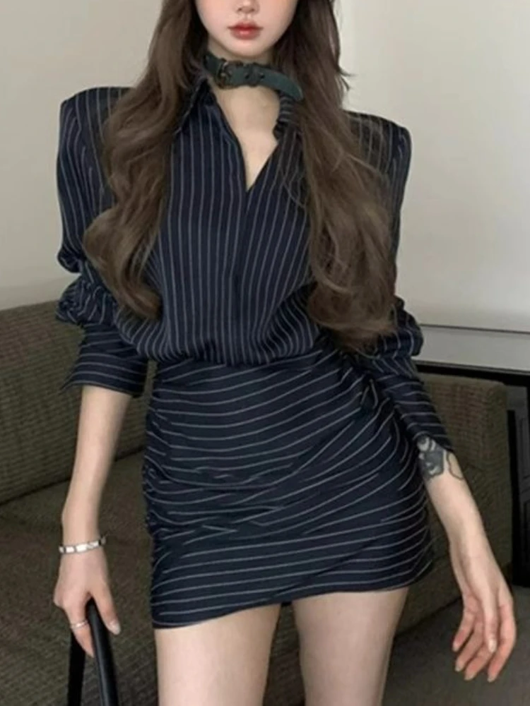 Elegante camicia coreana Abiti corti Donna 2025 Autunno Slim Designer Abito da festa a righe Abiti da sera casual femminili Y2k di lusso