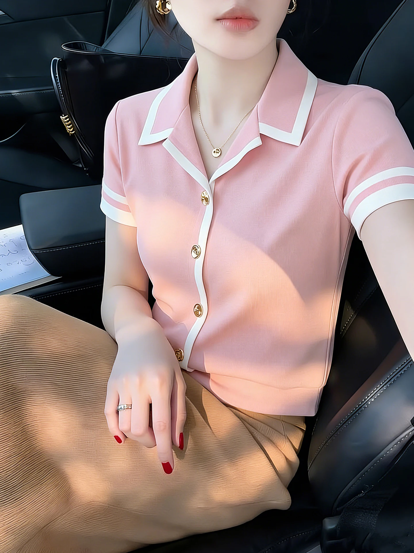 Sweet Short Sleeve Knitwear Single Button Contrast Color Design Korean Style Summer Fashionable Ageless Cute Commute Style