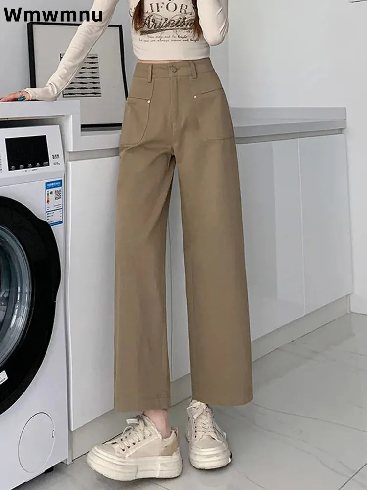 

Женские повседневные брюки до щиколотки с высокой талией, прямые модные винтажные мешковатые брюки, корейские широкие свободные новые брюки