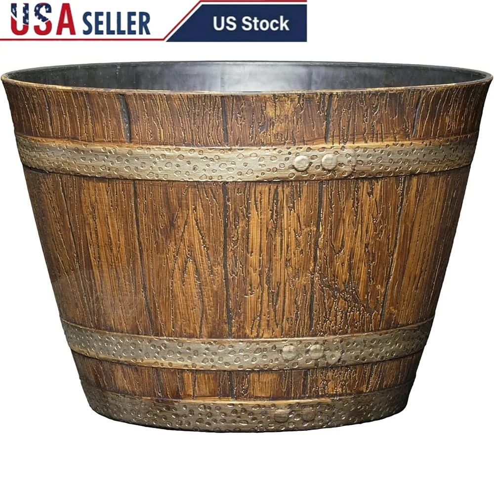 

Weather Resistant Whiskey Barrel Planter Stylish Wooden Finish Flower Pot Indoor Outdoor Durable Resin Planters Multi-Purpose
